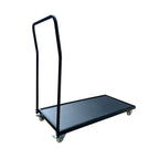 A black and blue metal flatbed dolly cart with a tall handle and four caster wheels, shown on a plain white background.