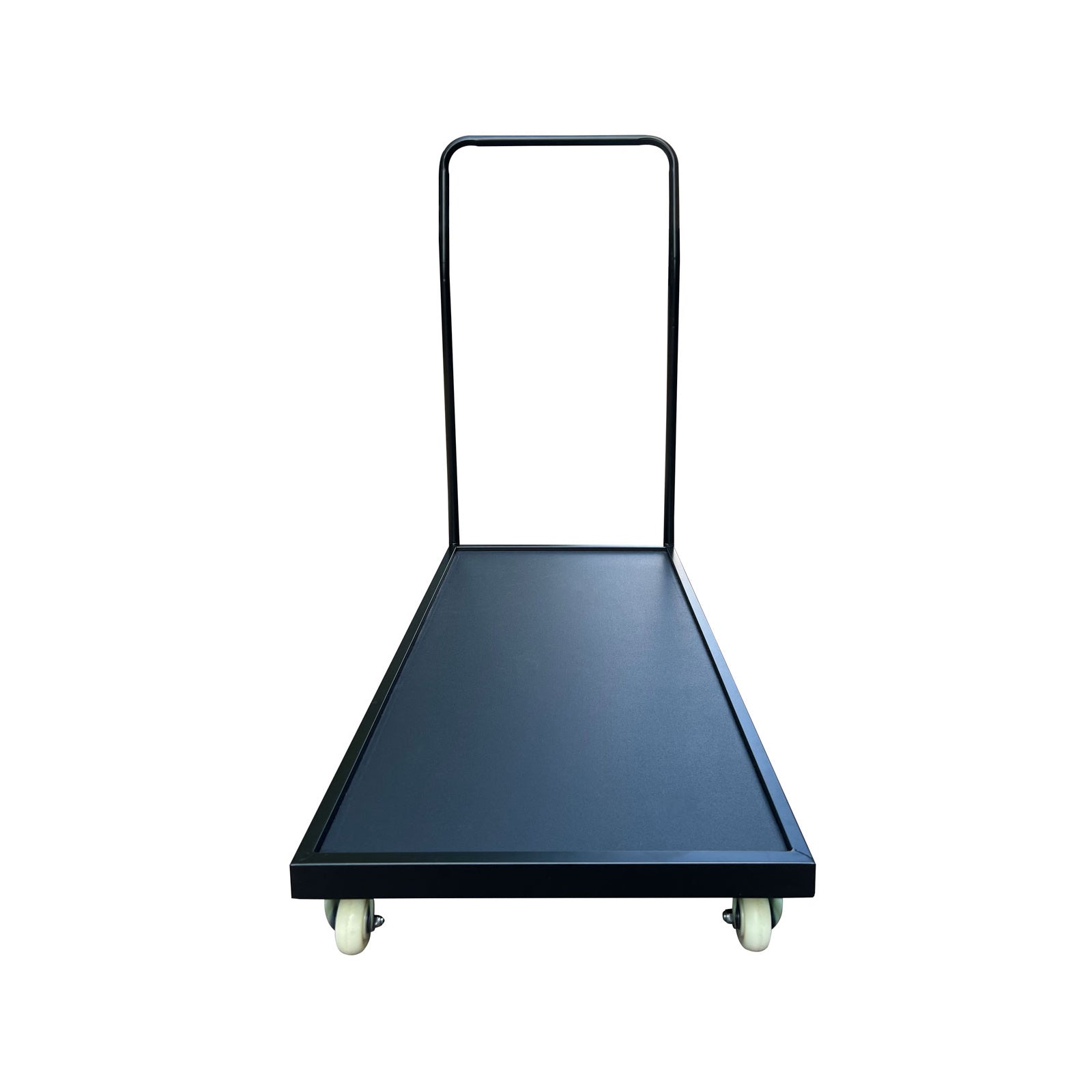 A black and blue metal flatbed dolly cart with a tall handle and four caster wheels, shown on a plain white background.