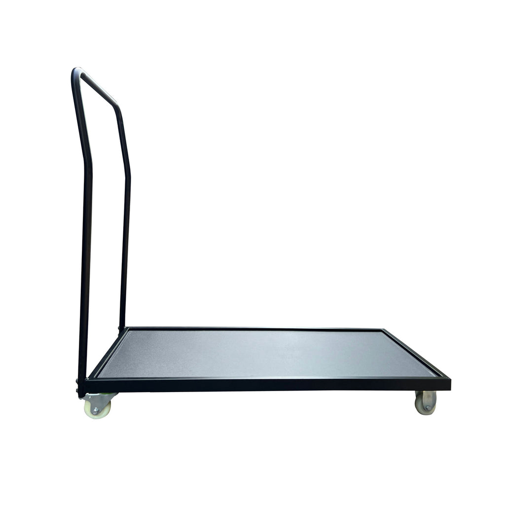 A black and blue metal flatbed dolly cart with a tall handle and four caster wheels, shown on a plain white background.