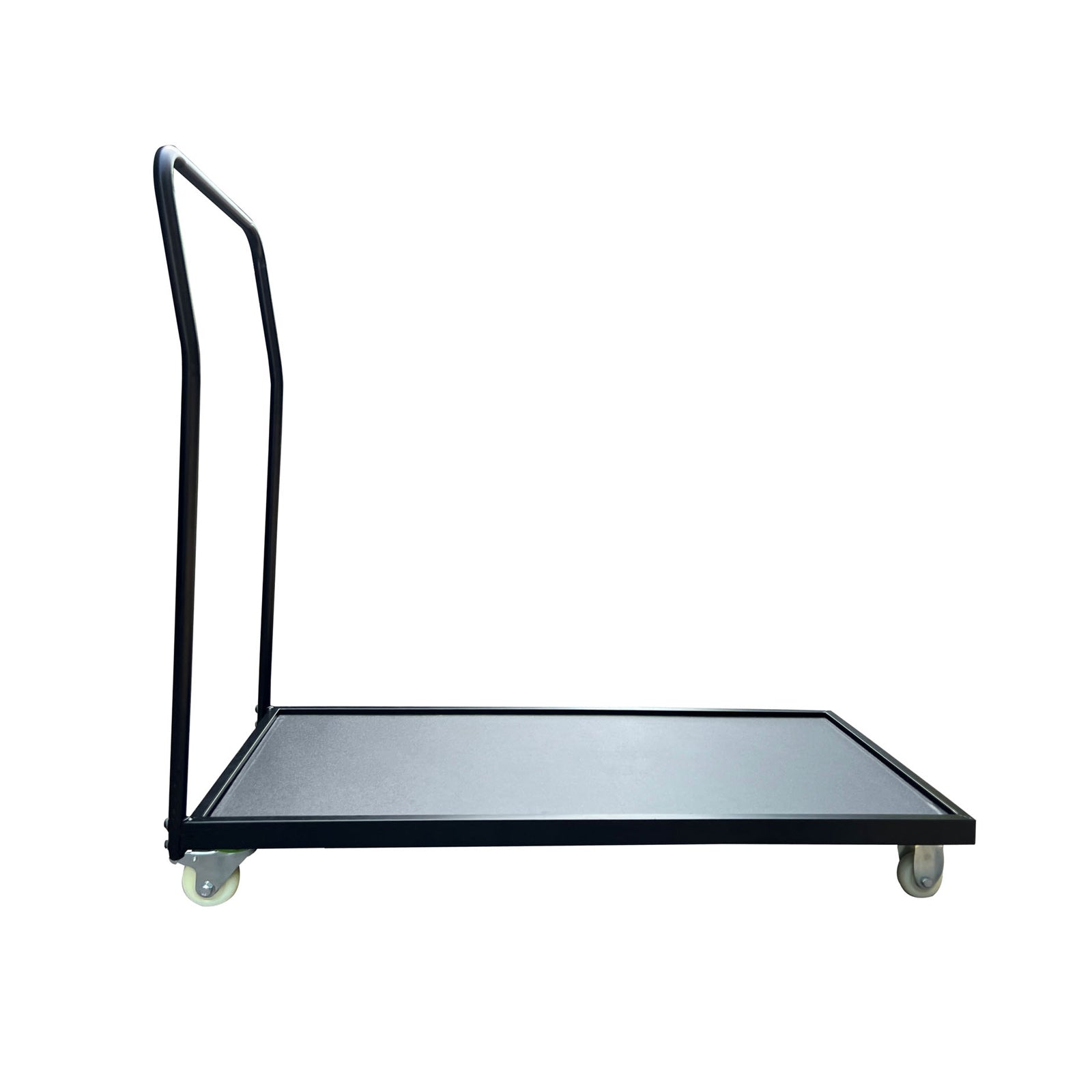 A black and blue metal flatbed dolly cart with a tall handle and four caster wheels, shown on a plain white background.