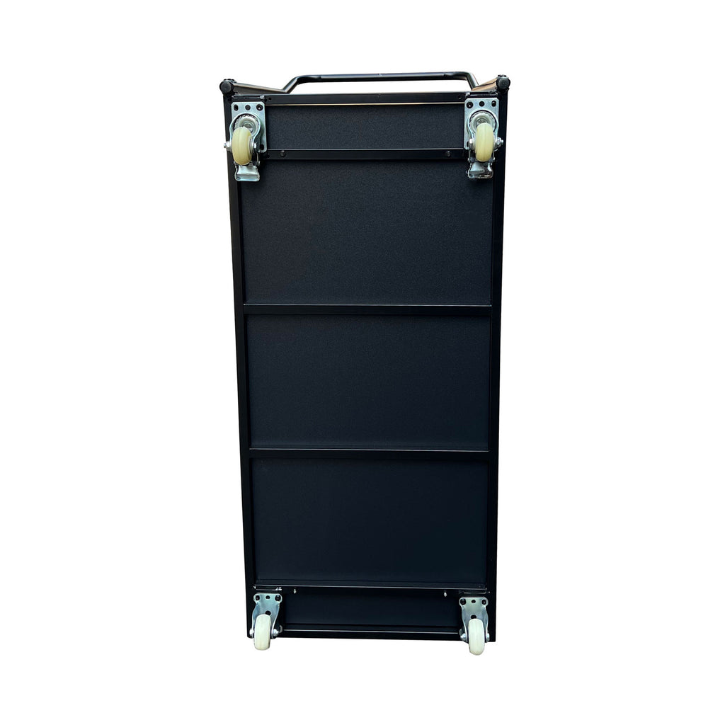 A bottom of a black metal flatbed dolly cart with a tall handle and four caster wheels, shown on a plain white background.