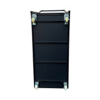 A bottom of a black metal flatbed dolly cart with a tall handle and four caster wheels, shown on a plain white background.