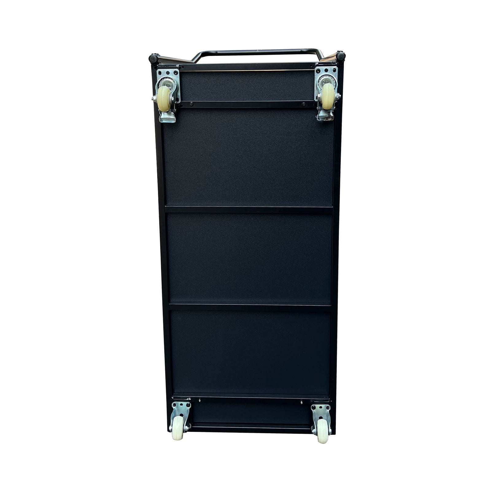A bottom of a black metal flatbed dolly cart with a tall handle and four caster wheels, shown on a plain white background.