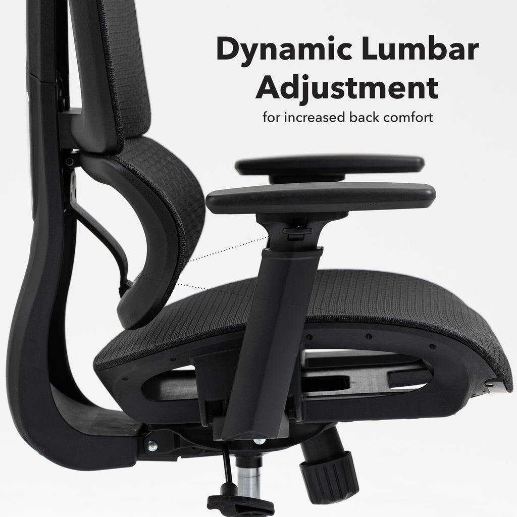 Ergonomic office chair with dynamic lumbar adjustment feature on a white background