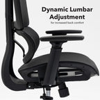 Ergonomic office chair with dynamic lumbar adjustment feature on a white background