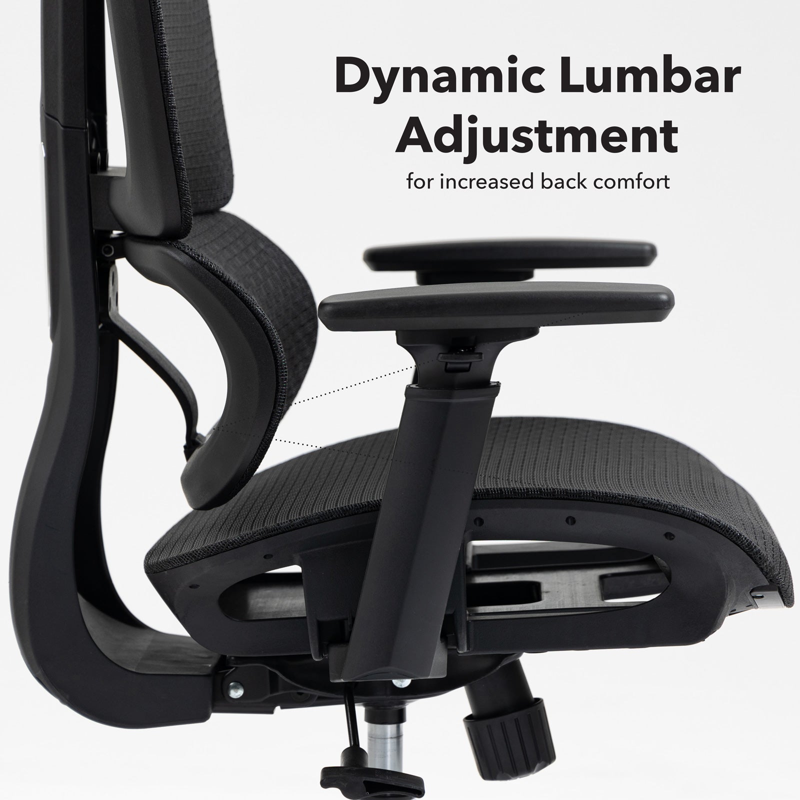 Ergonomic office chair with dynamic lumbar adjustment feature on a white background