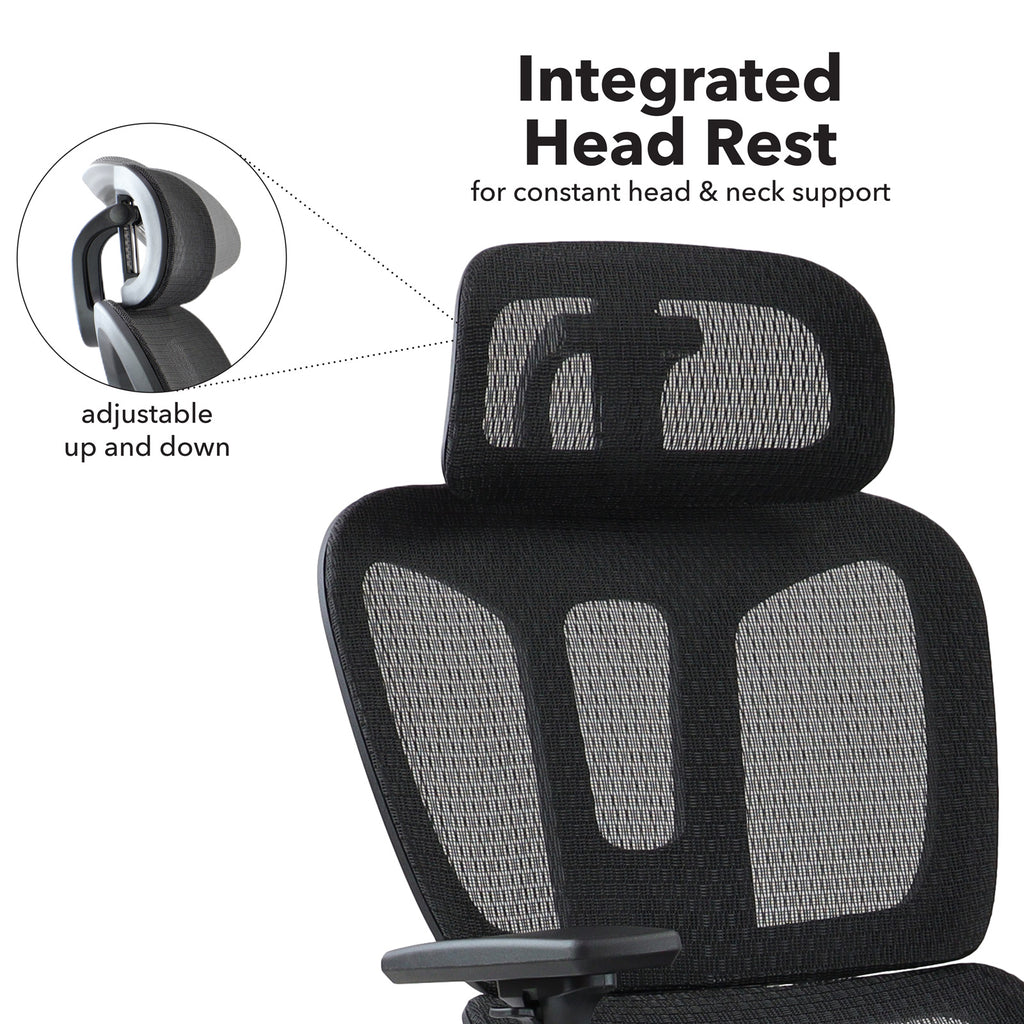 Black office chair with integrated headrest and adjustable neck support on a white background