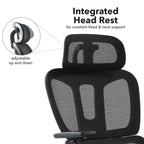 Black office chair with integrated headrest and adjustable neck support on a white background