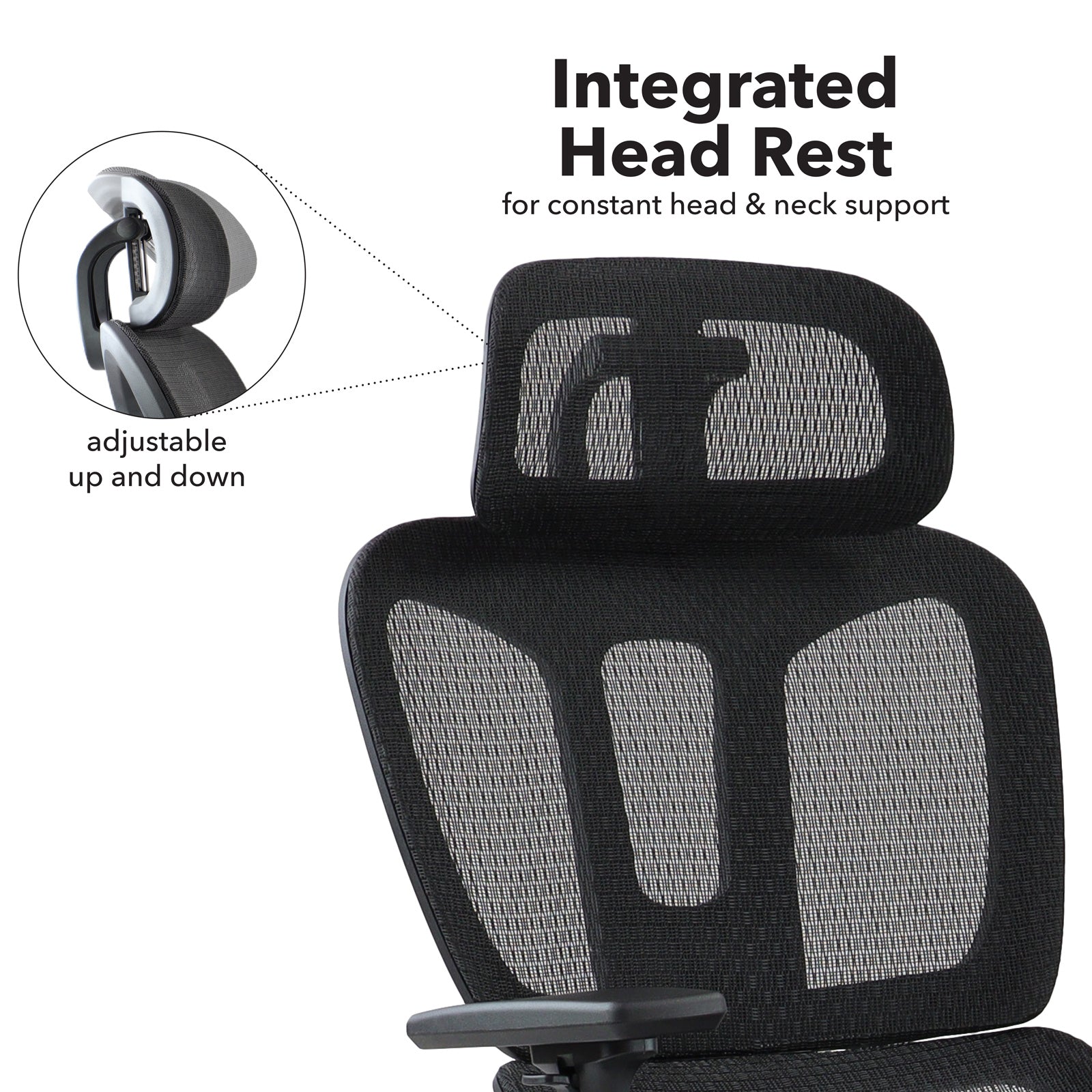 Black office chair with integrated headrest and adjustable neck support on a white background