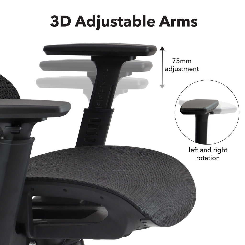 Ergonomic chair with 3D adjustable arms on a white background