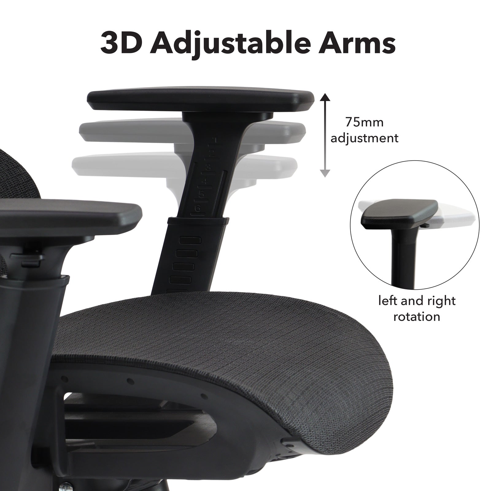 Ergonomic chair with 3D adjustable arms on a white background