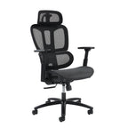 Black mesh office chair on a white background
