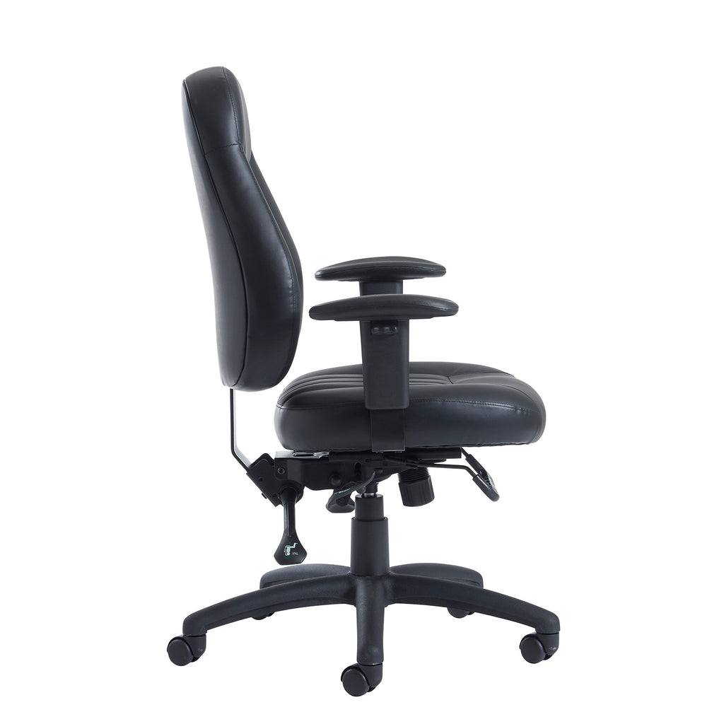 Black office chair with adjustable features on a white background