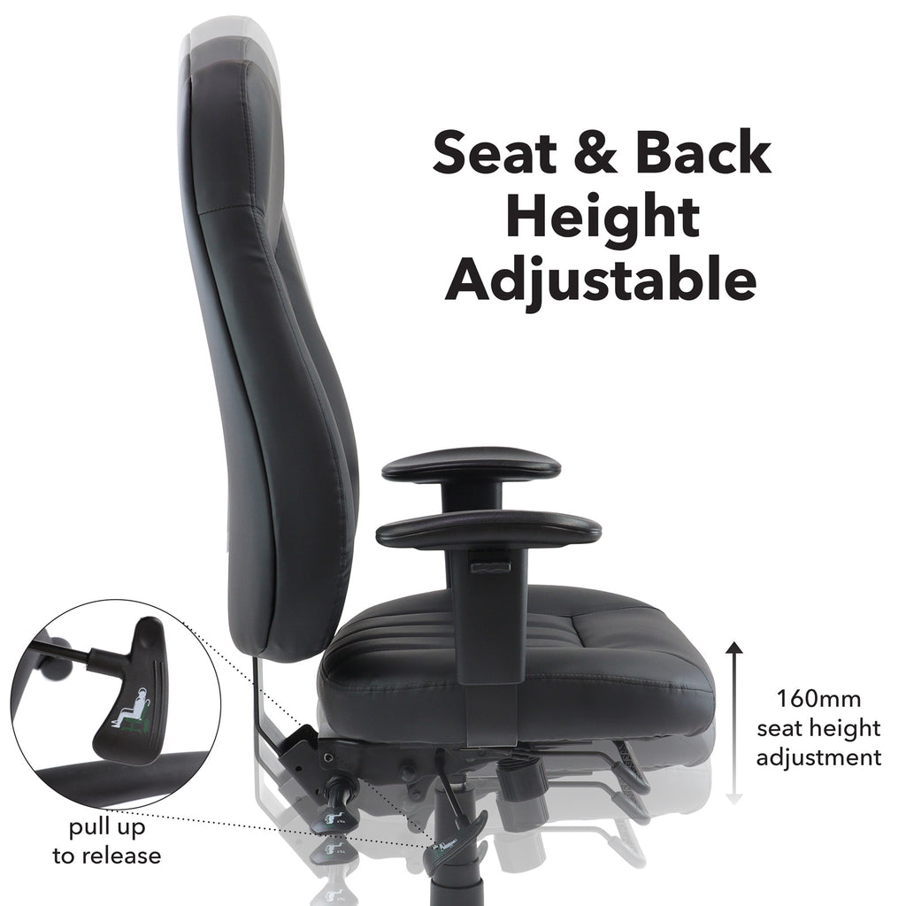 Black executive office chair illustrating adjustable seat and back height with up to 160 mm seat height adjustment, showing control lever for ergonomic positioning.