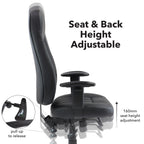 Black executive office chair illustrating adjustable seat and back height with up to 160 mm seat height adjustment, showing control lever for ergonomic positioning.