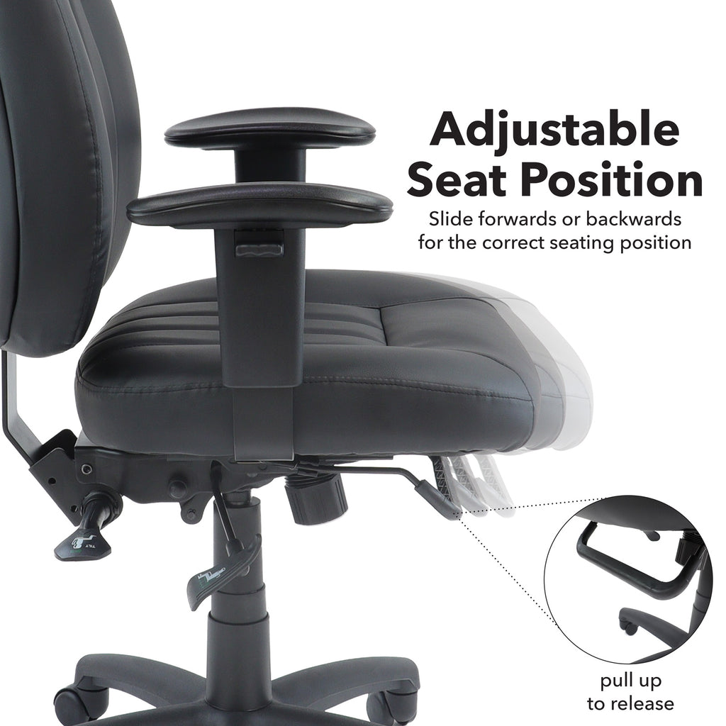 Office chair detail showing an adjustable seat position that slides forwards or backwards, with control lever highlighted for ergonomic seating adjustment.