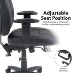 Office chair detail showing an adjustable seat position that slides forwards or backwards, with control lever highlighted for ergonomic seating adjustment.