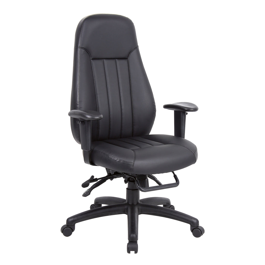 Black leather executive office chair with padded high back, adjustable armrests, and a five-star wheeled base, shown on a white background.