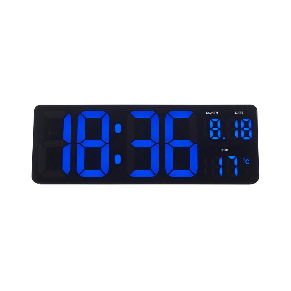 Digital clock with blue LED display on a white background